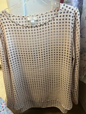 LOFT Cream Long Sleeve Blouse with Navy Dot Print